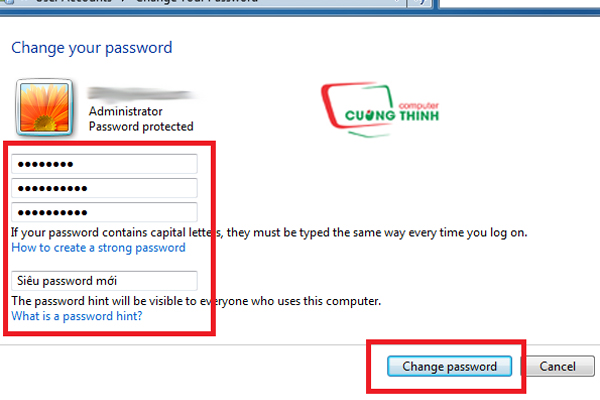 Điền thông tin thay đổi mật khẩu