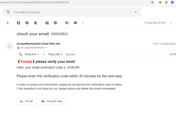 Nhận Mã xác nhận tại hộp thư gmail