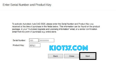 Prosuct Key là 001L1 rồi nhấn Next