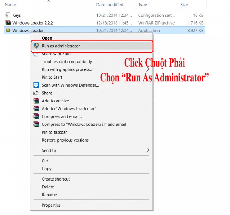 file Windows Loader.exe chọn Run as Administrator