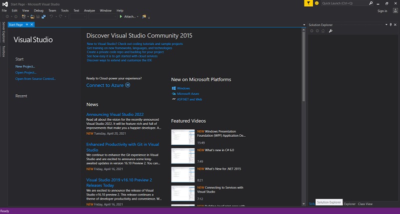 Màn hình chính phần mềm Visual Studio 2015