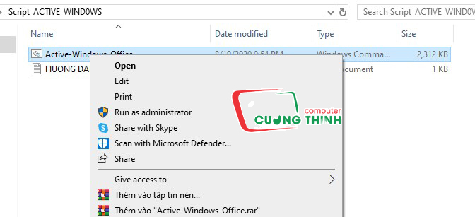 Chay file Active băng quyền Admin