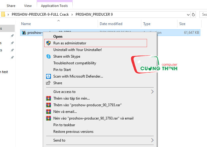 Chạy file cài đặt bằng quyền admin