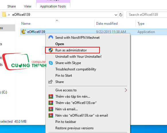 Chạy file cài đặt bằng quyền Admin