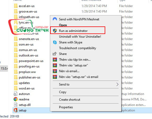 Chạy file setup bằng quyền admin
