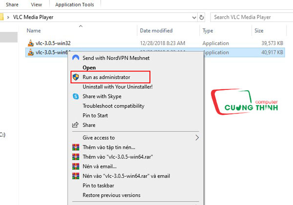 Chạy file setup bằng quyền admin