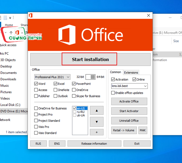 Chọn Start installation