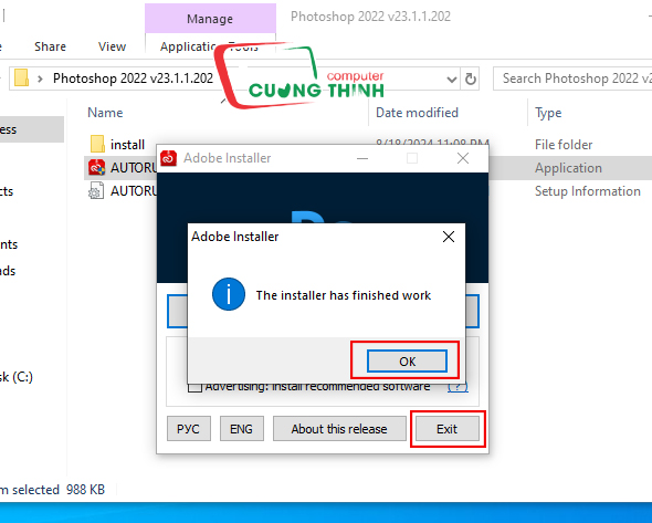 Nhấn Ok và chọn Exit để hoàn tất cài đặt